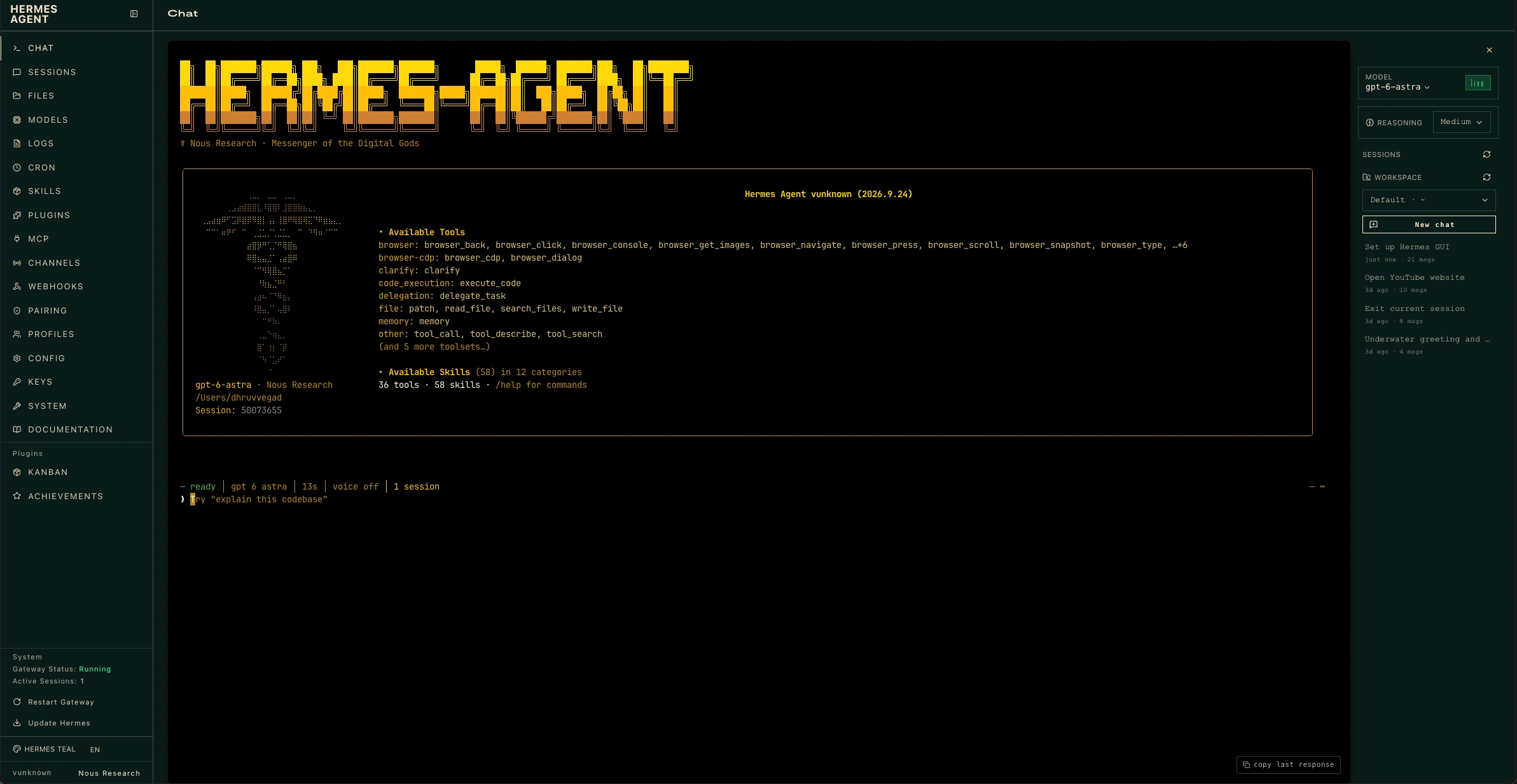 Hermes Agent 2.0 web chat interface showing available browser tools, skills and session settings