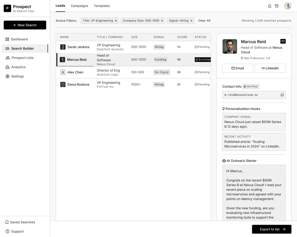LinkedIn Recruiter-Style Sourcer AI MicroApp filtering leads by title, company size and hiring signal with an AI outreach starter