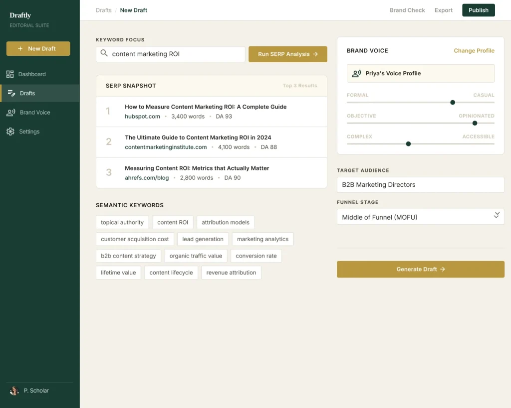 Long-Form Blog Engine AI MicroApp showing a SERP snapshot of top-ranking articles, semantic keywords and brand voice settings for a new draft
