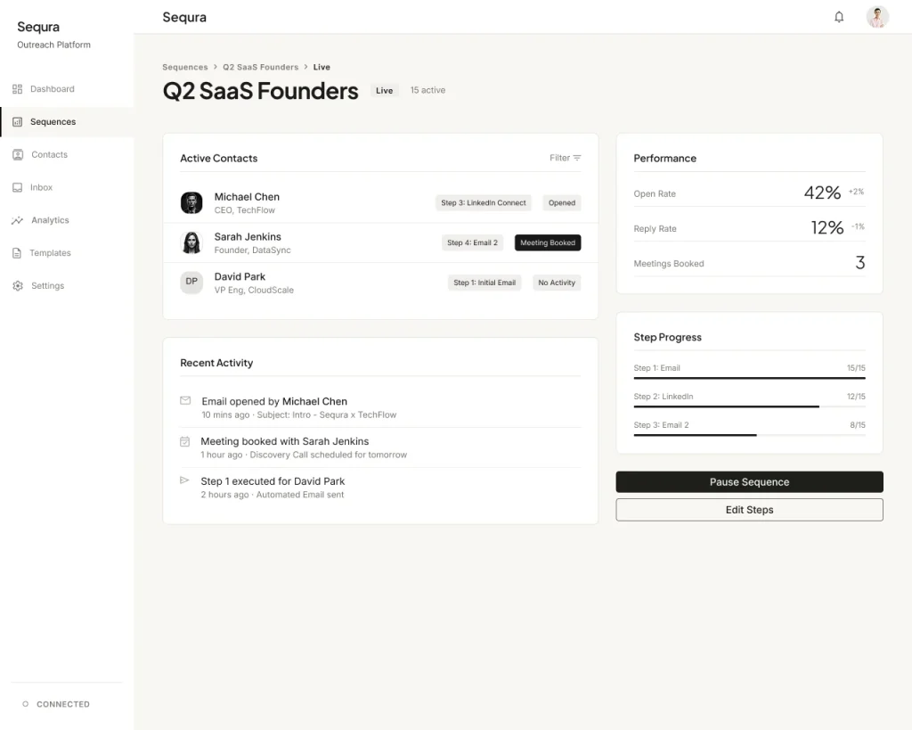 Multi-channel Outreach Sequencer AI MicroApp running a live email and LinkedIn sequence with contact steps and reply tracking