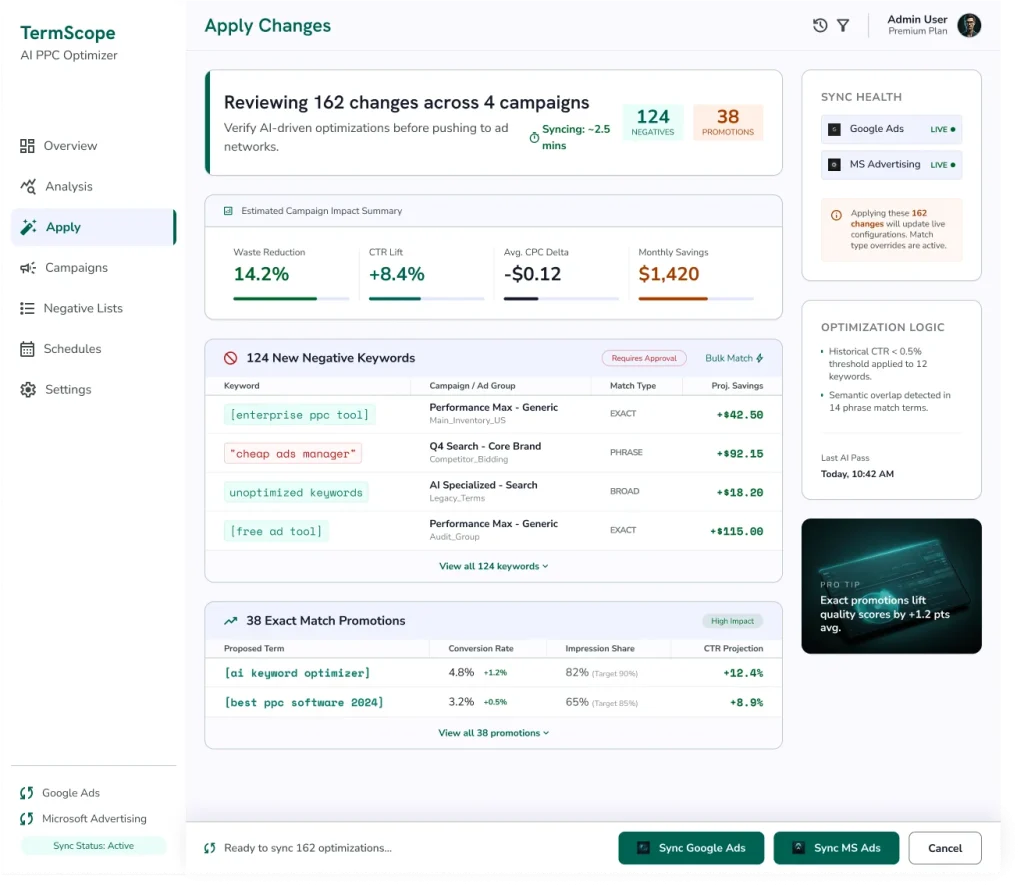 PPC query optimization review of 124 negative keywords and 38 exact match promotions before syncing to Google Ads and Microsoft Ads