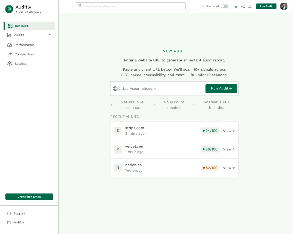 Pre-Sales Audit Dashboard AI MicroApp with a URL field to audit a prospect website across 40+ SEO, speed and accessibility signals