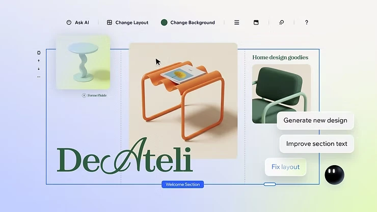Wix Harmony editor with AI options to generate a new design, improve section text, or fix the layout