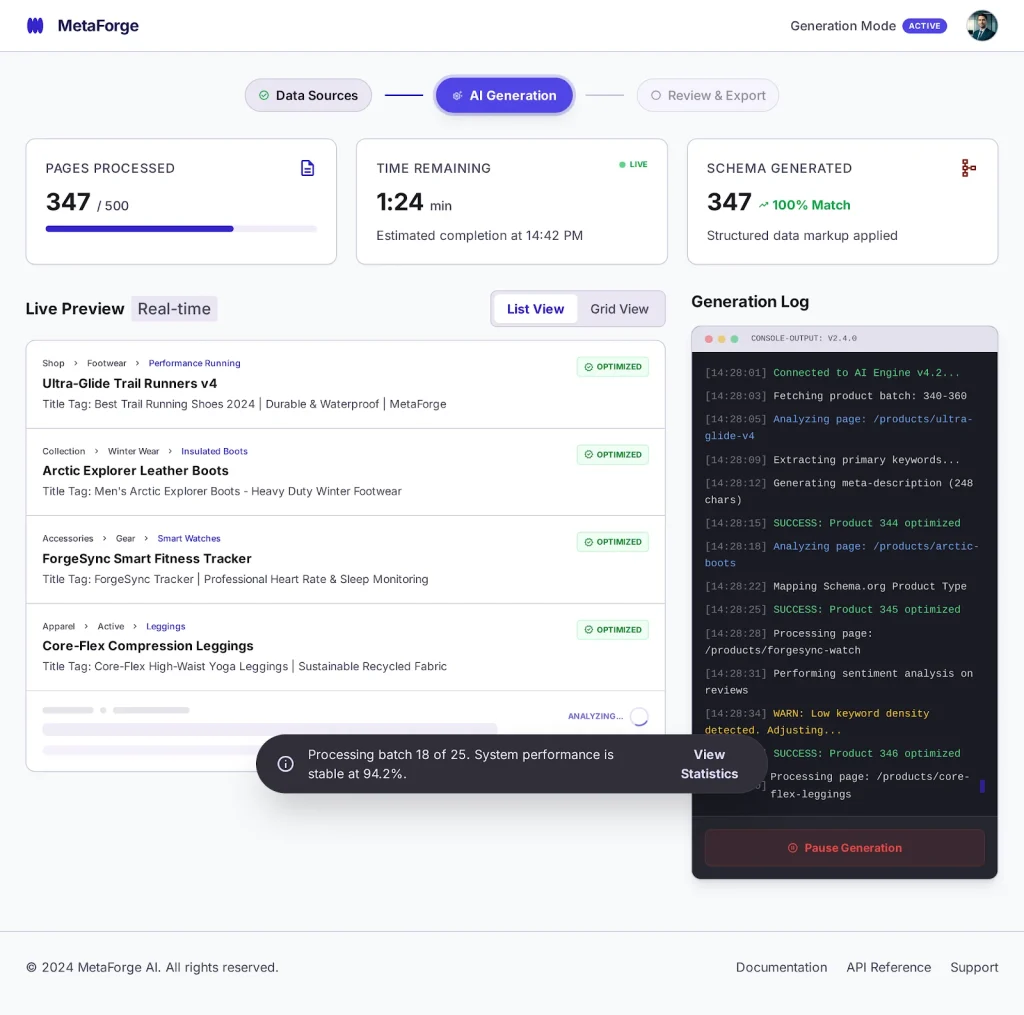SEO automation tool generating title tags and schema markup for 347 of 500 pages with a live preview and generation log