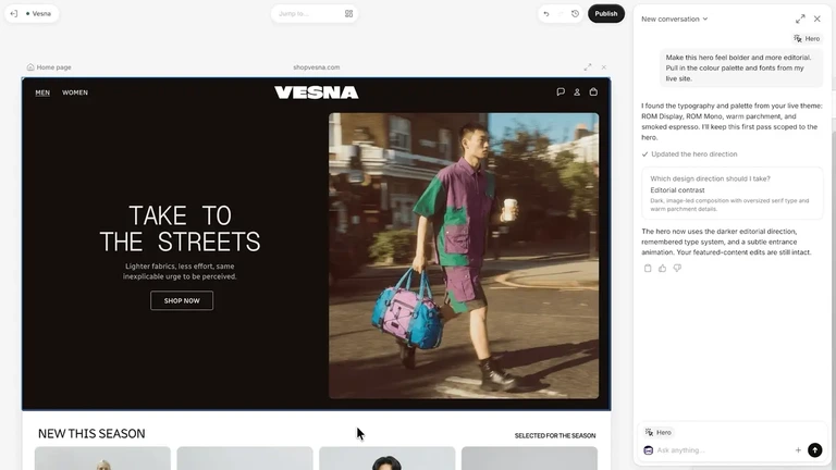 Shopify Sidekick chat restyling a store's hero section using the live theme's fonts and color palette