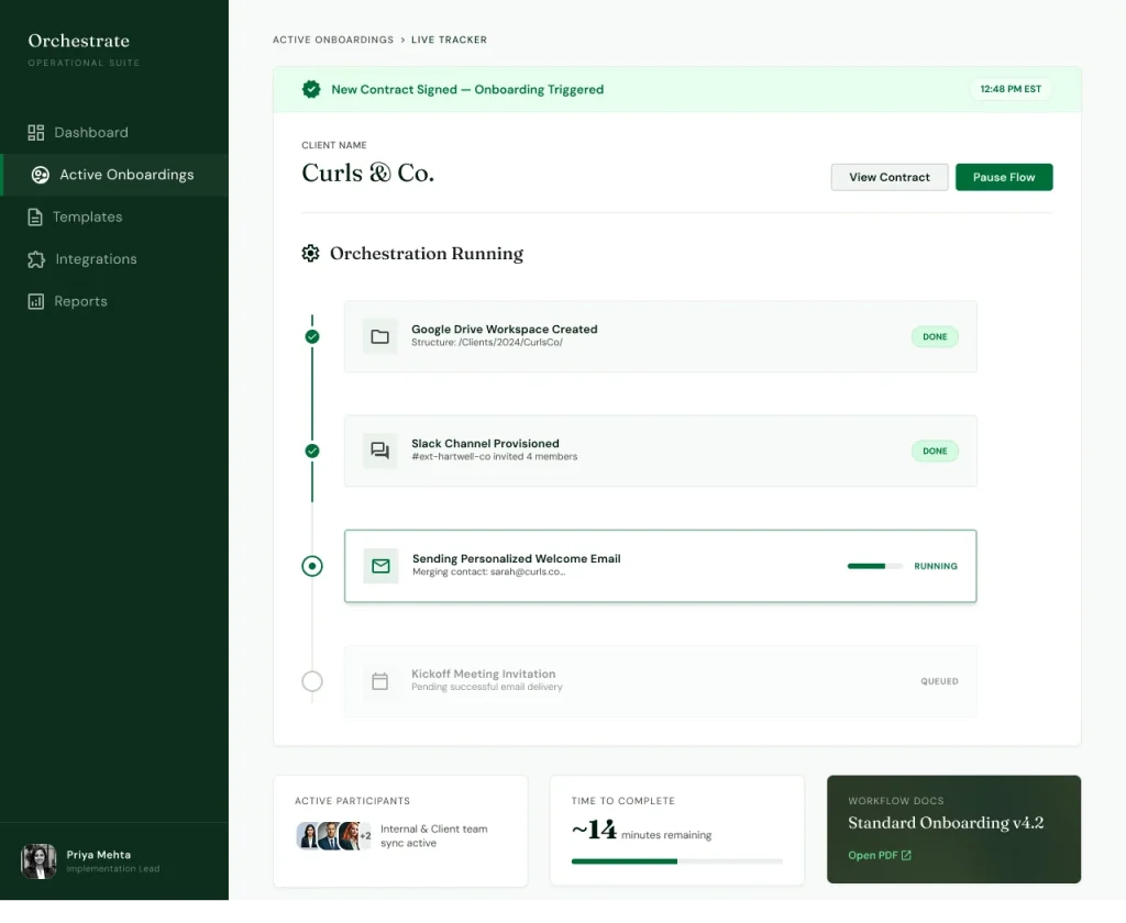 Smart Onboarding Orchestrator AI MicroApp running onboarding steps after a contract is signed: Google Drive setup, Slack channel, welcome email and kickoff invite