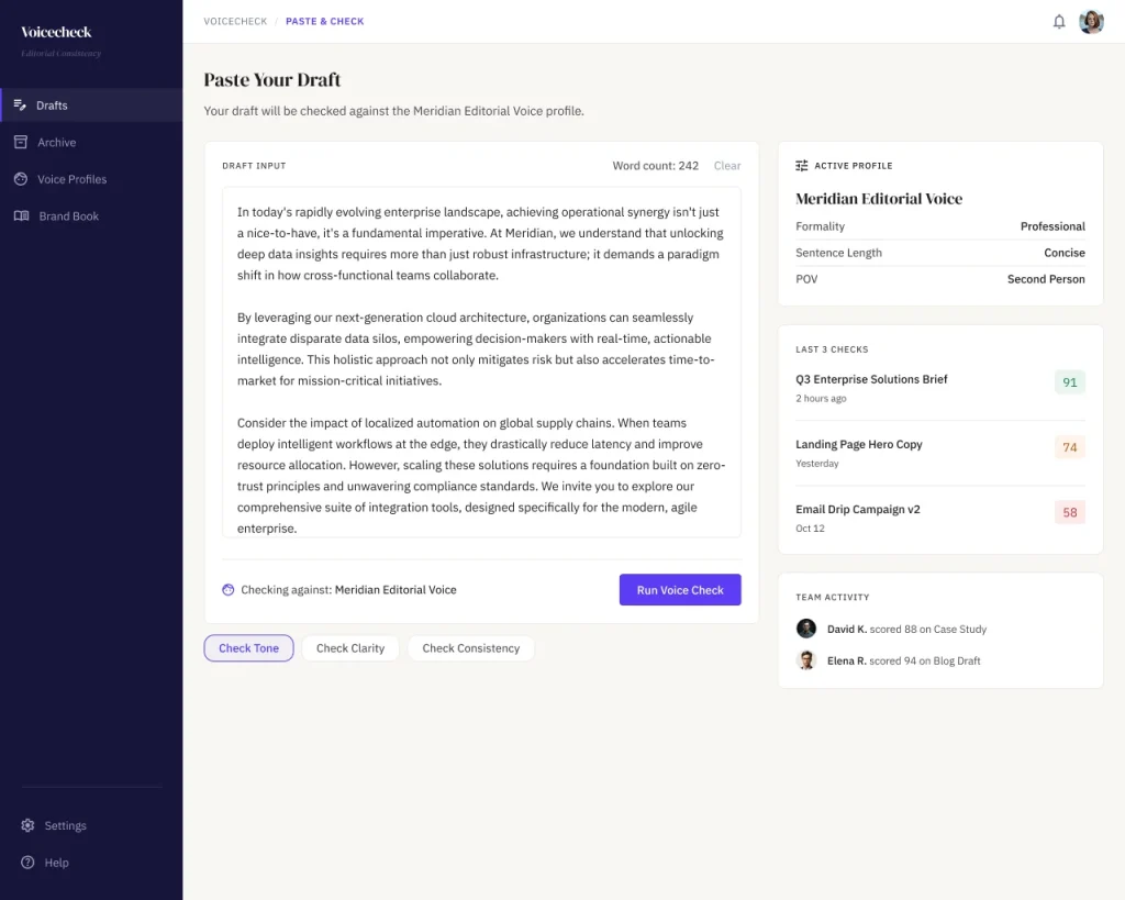Tone-of-Voice Enforcer AI MicroApp checking a pasted content draft against a client's brand voice profile
