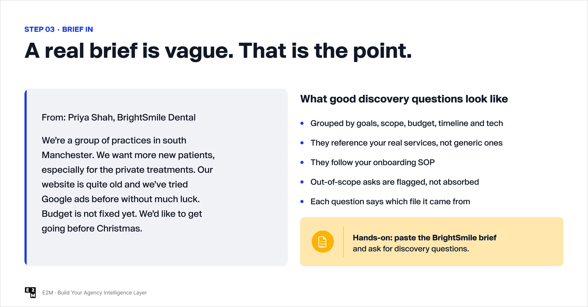 Sample dental client brief beside a checklist of what good AI-generated discovery questions look like for an agency