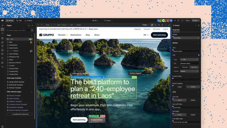 Webflow canvas showing an AI agent editing a hero heading in real time, labelled by agent presence