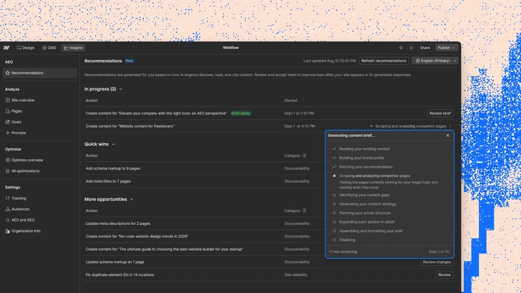Webflow AEO recommendations dashboard generating a content brief from competitor pages cited in AI answers