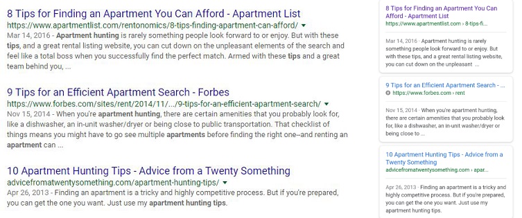SERPs for the search “apartment hunting tips” Desktop vs Mobile