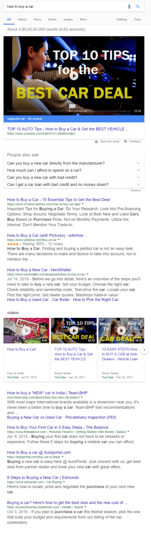 Searching "how to buy car" in Voice Search