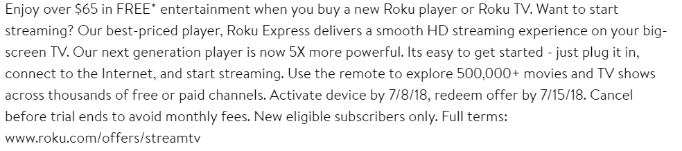 Product Descriptions of Roku Express On Walmart Listings