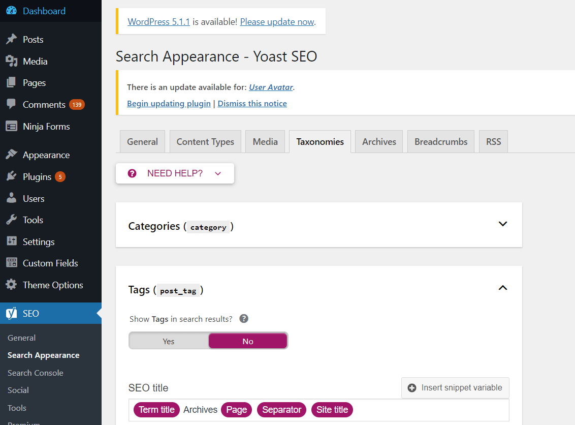 search appearance -yoast plugin post tag setting page
