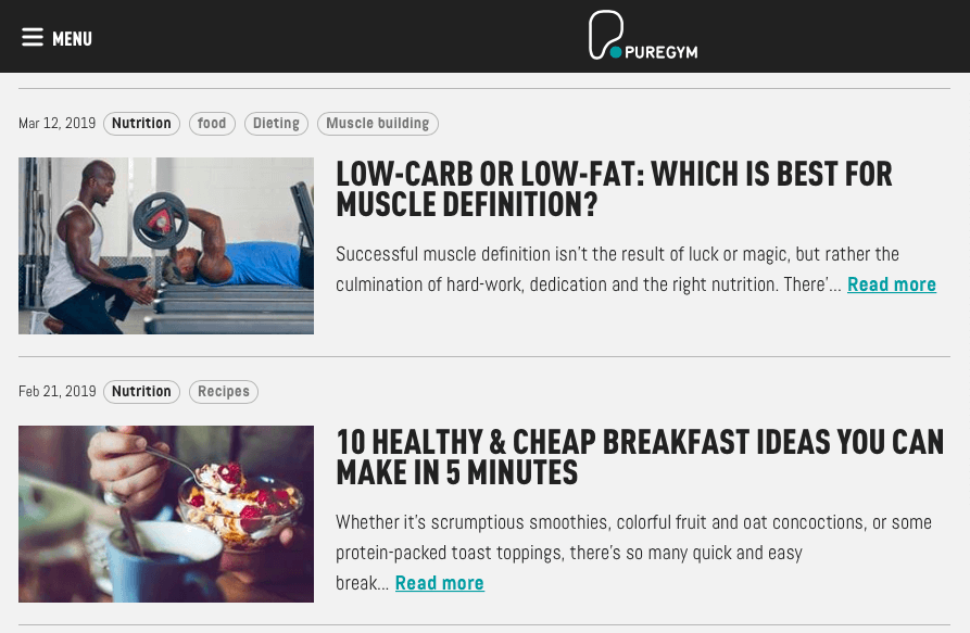 local seo for fitness gyms - screenshot of nutrition blog puregym