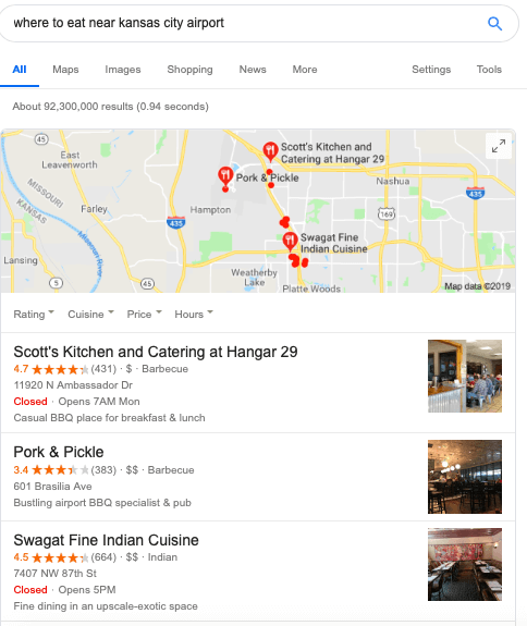 local seo for restaurants - google search result for where to eat near kansas city airport