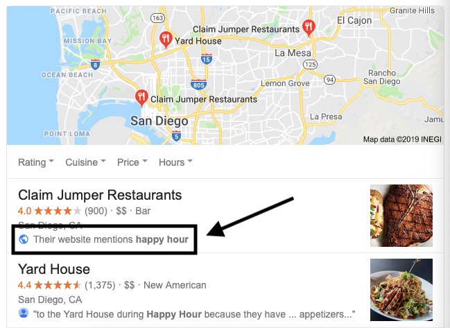 Restaurant Whose Website Mentions Happy Hour - Google Search Result Page