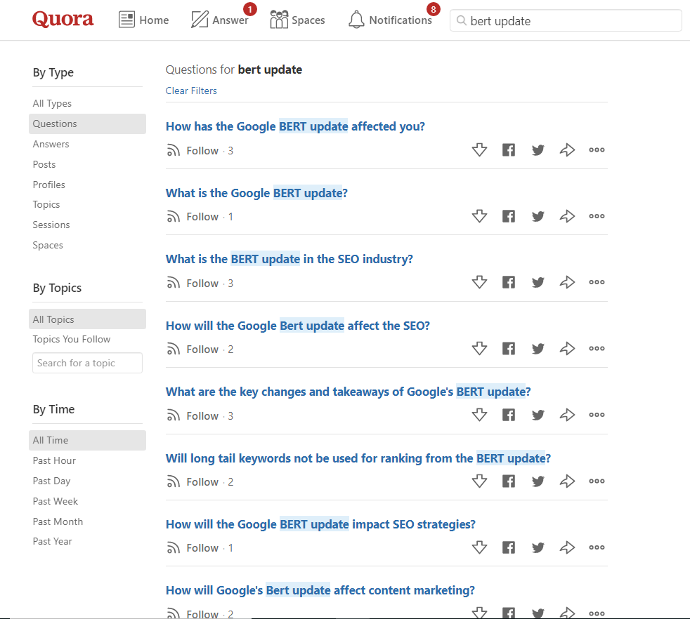 searching question keywords from quora