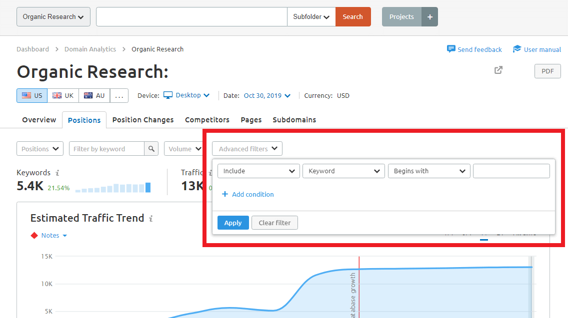 searching competitors question keywords from semrush
