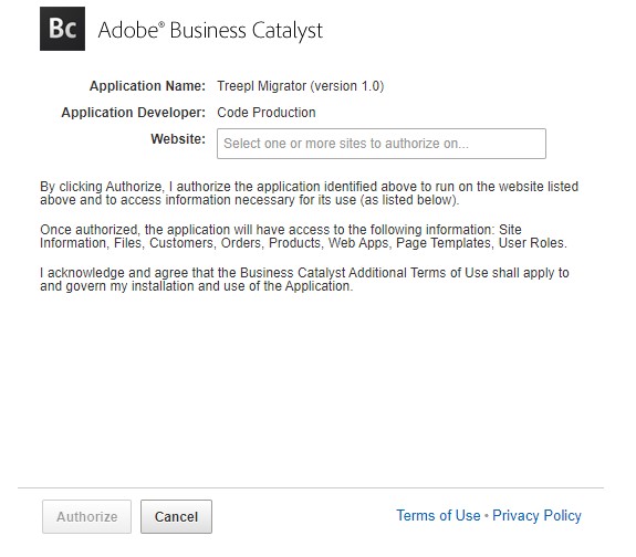 Authorize Button for BC to Treepl App inside Adobe BC Partner Portal