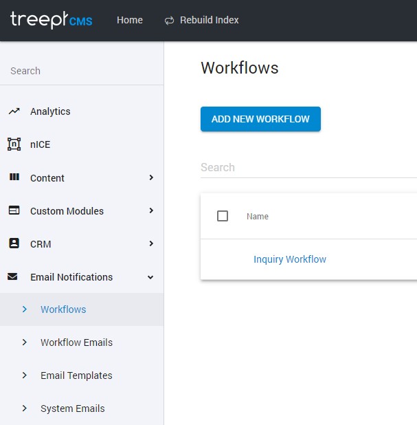Treepl CMS - Email Notifications - Workflows Menu