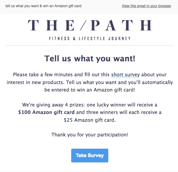 screenshot of survey email from the path asks subscribers to tell them what kind of new products they like