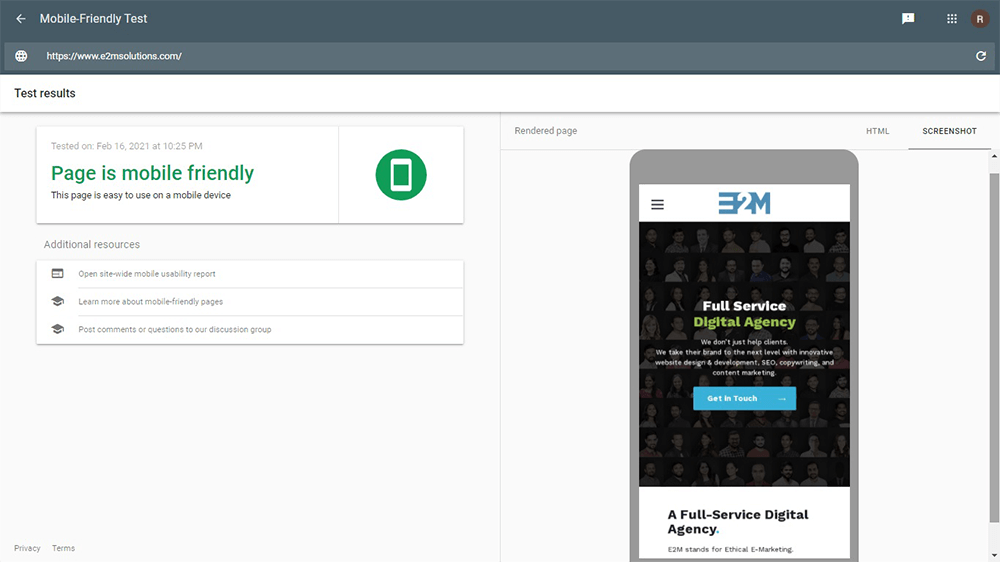 E2M Website Mobile-Friendly Test Result