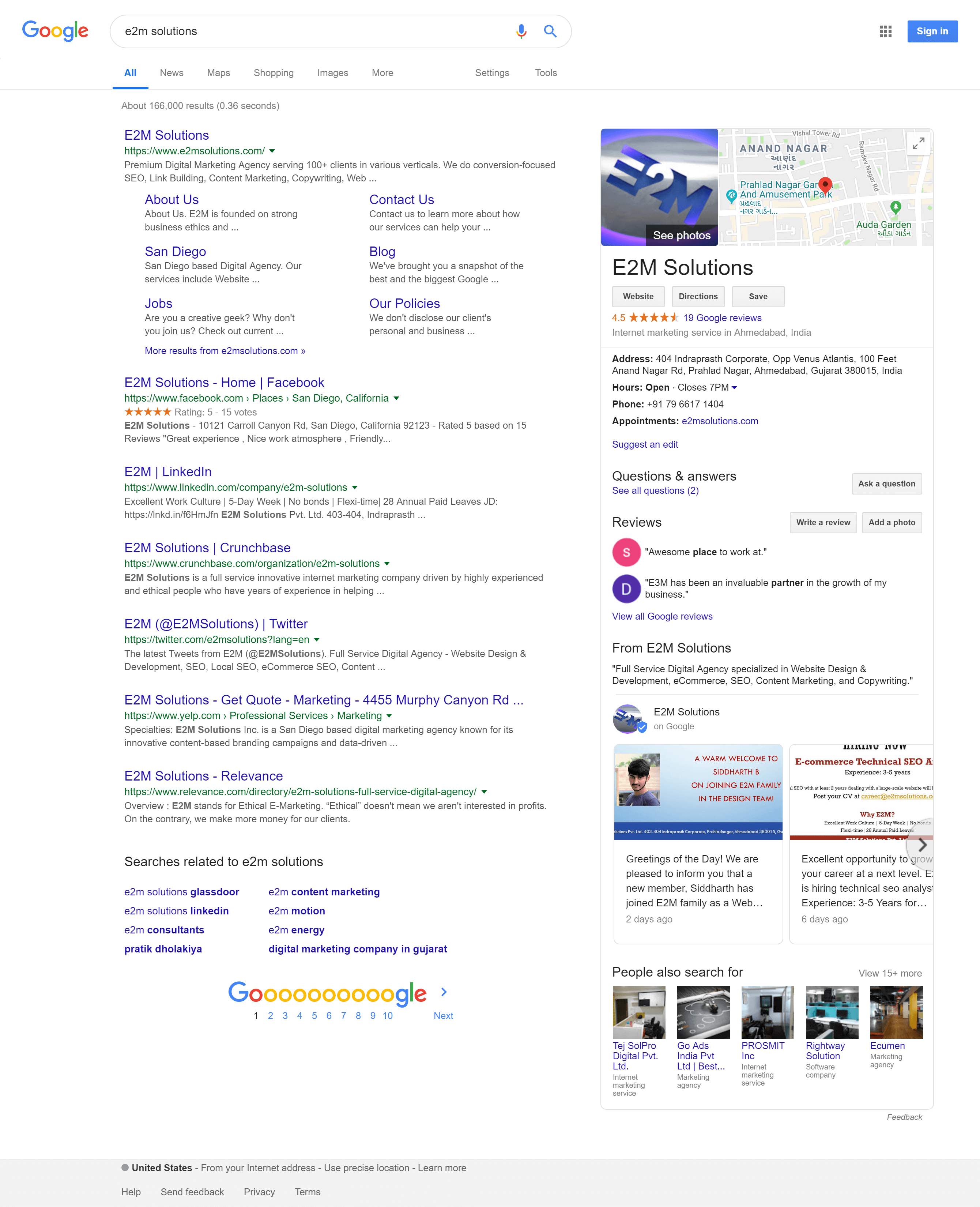 E2M Solutions Appear in The Google Search Result Page