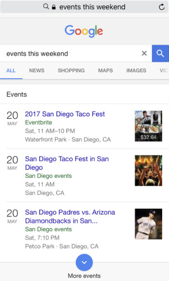 Google events search results that are related to local events and activities