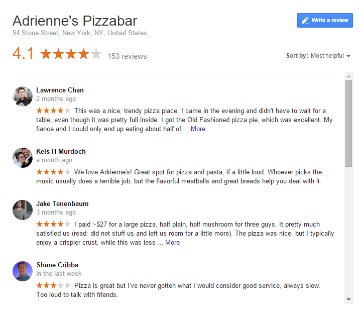 google search result page review for pizza in new york