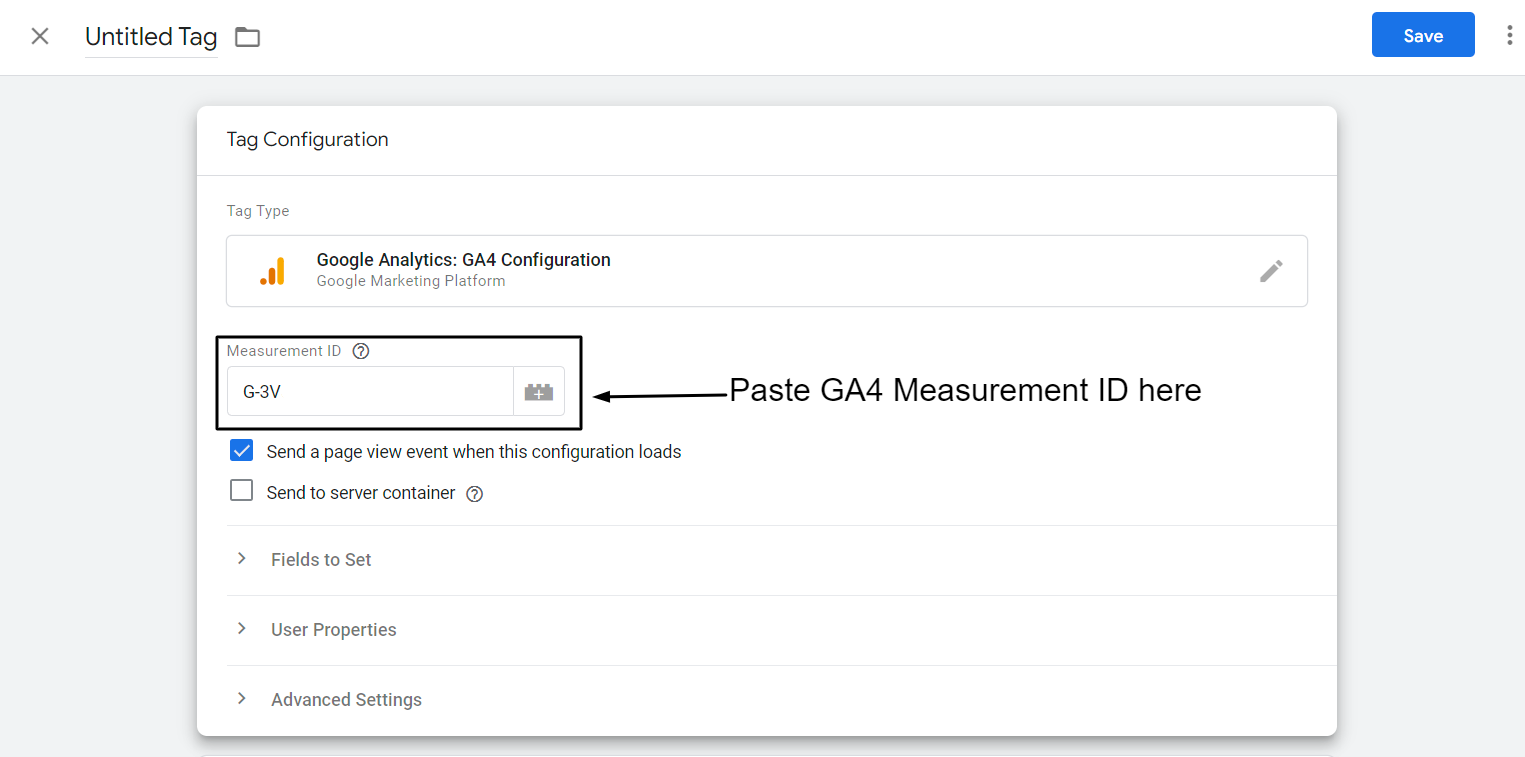 Paste the previously copied GA4 Measurement ID under the "Measurement ID" Box.