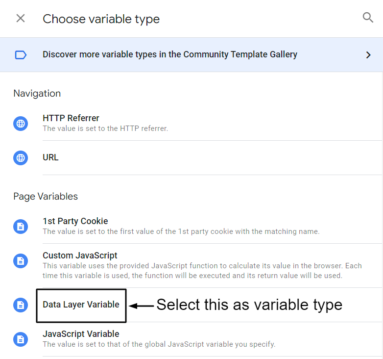 Select Data Layer variable under page variables