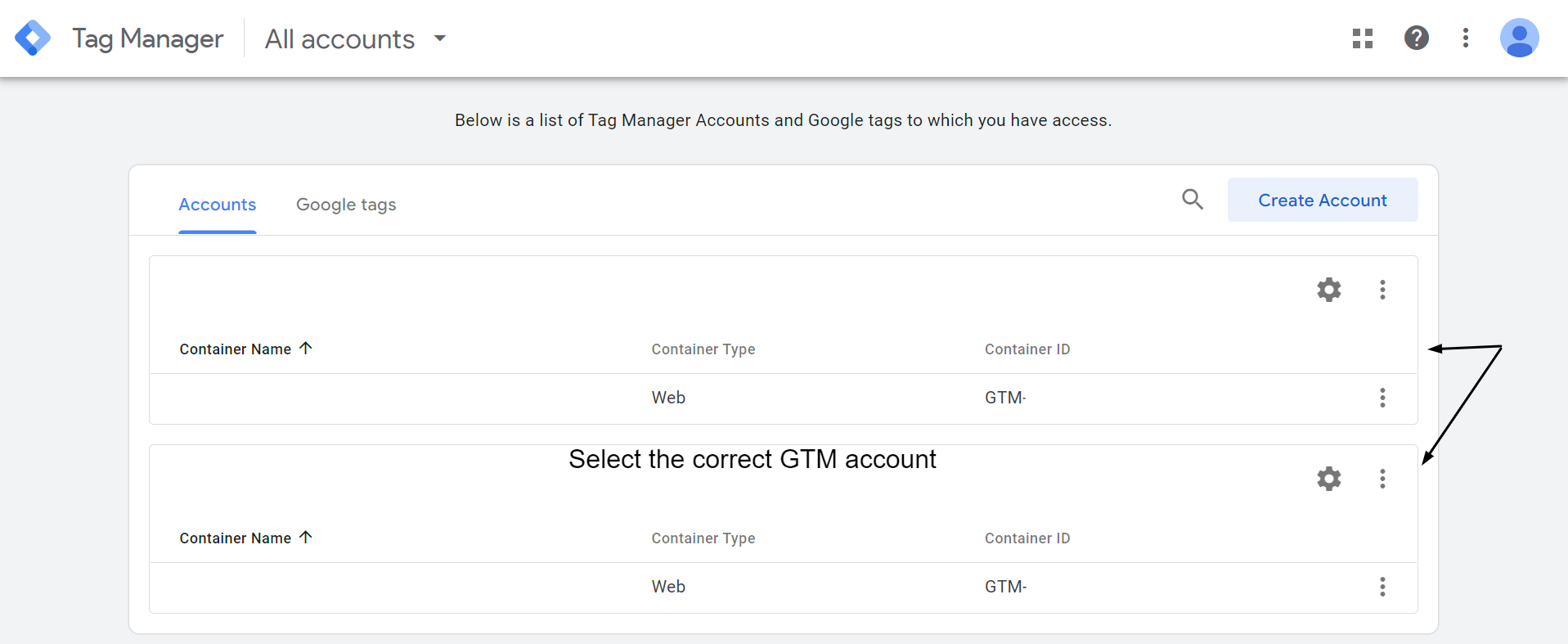 Select the correct GTM account