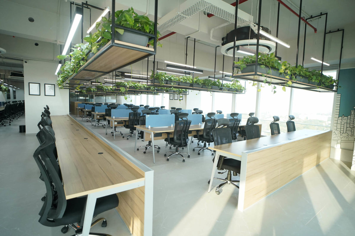 Open Floor Workstation Desks to work together in one space with Plants