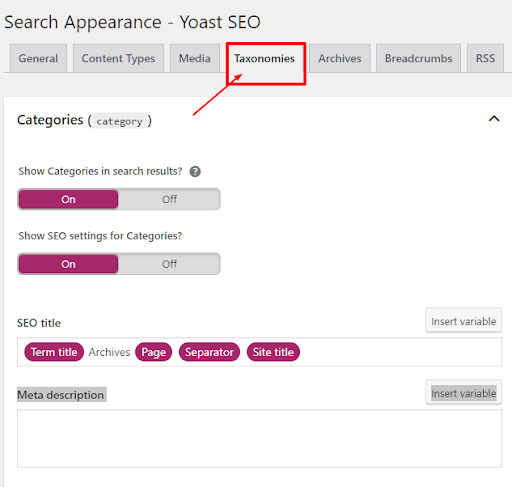 Taxonomies - SEO Settings for Categories Page