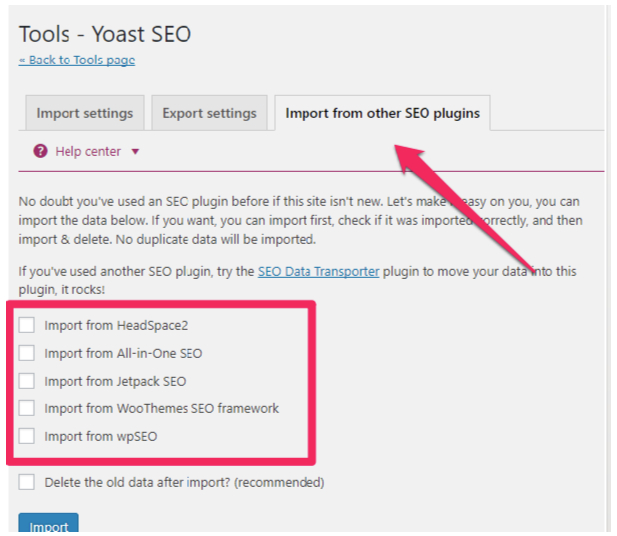 Import from the list of SEO Plugins